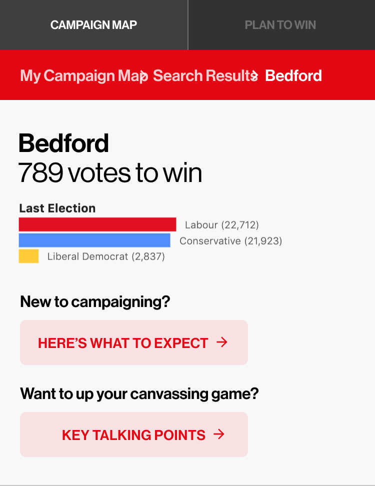 Mobile screenshot of the campaign map tool, showing how many votes are needed in a constituency.