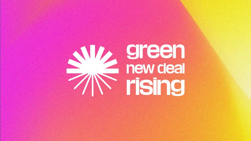 Example of the Green New Deal rising logo in white, on a gradient background.