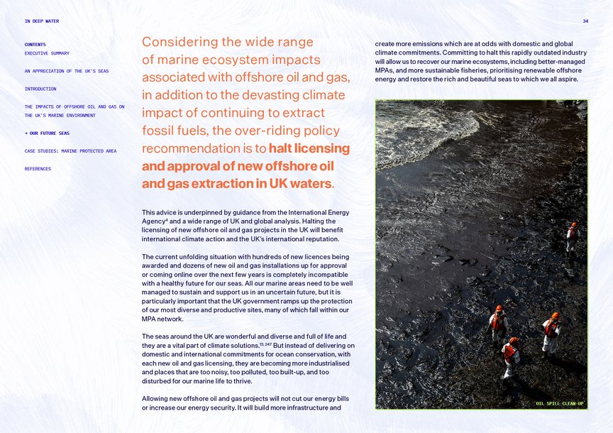 A spread showing people cleaning up an oil spill