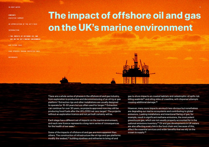 A spread about the impact of offshore oil gas, with an oil platform on the horizon