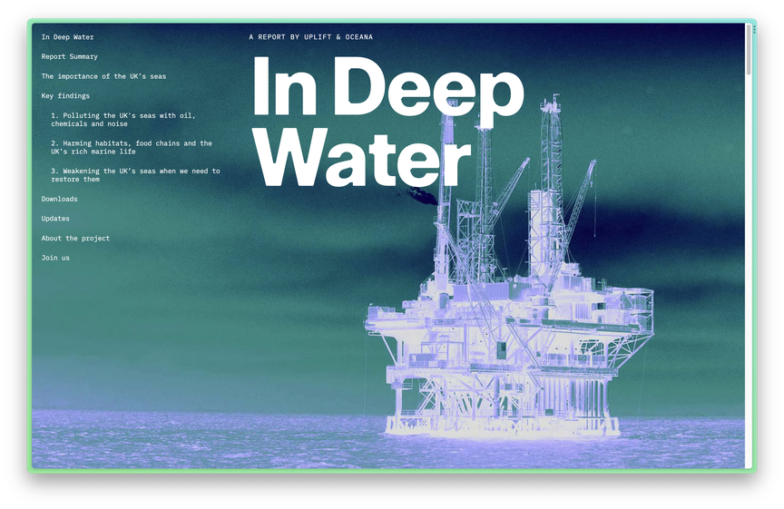 The homepage of the site, showing an oil platform