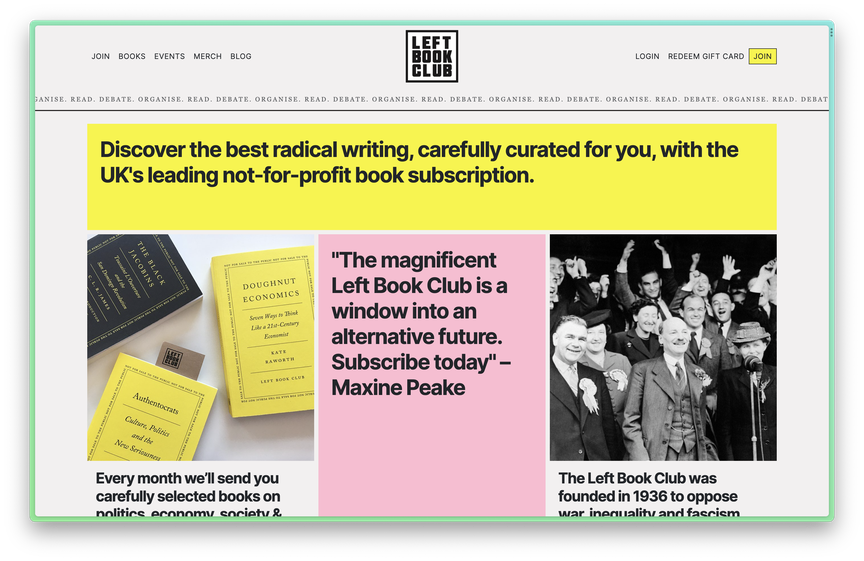 Screenshot of homepage, showing photos of book covers, a photos of authors and a testimonial quote.