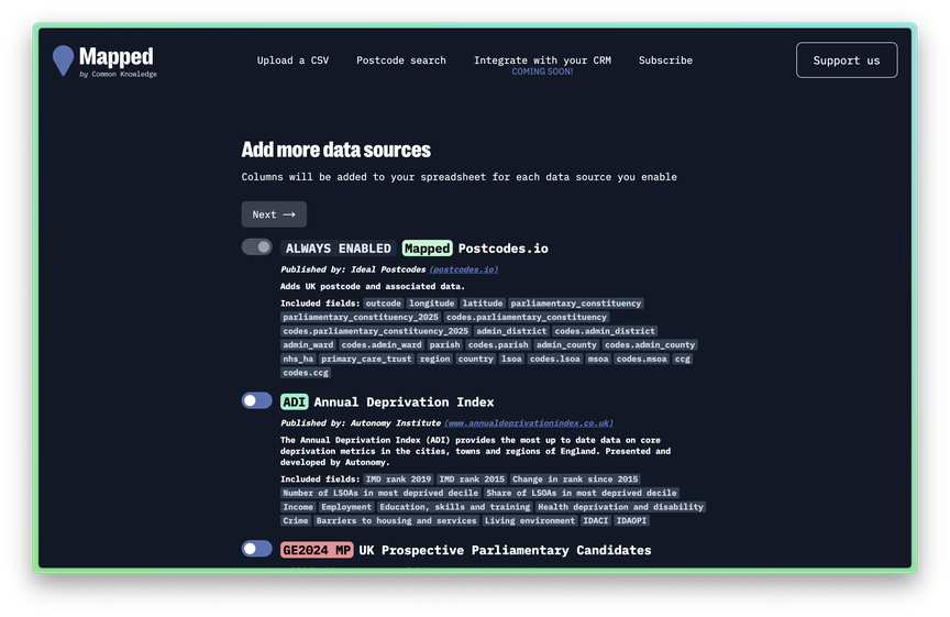 Screenshot of the data platform pulling in different datasets
