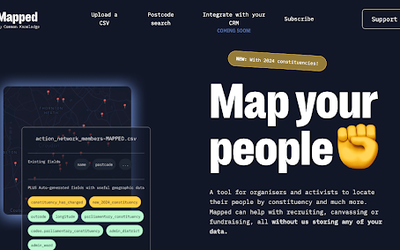 A screenshot of the &quot;mapped&quot; webpage, a tool for organizers and activists to locate their network by constituency and much more.