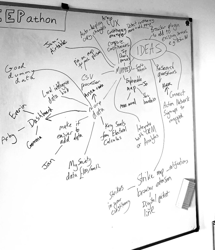 Our whiteboard at the hackathon, showing all the ideas we discussed working on.