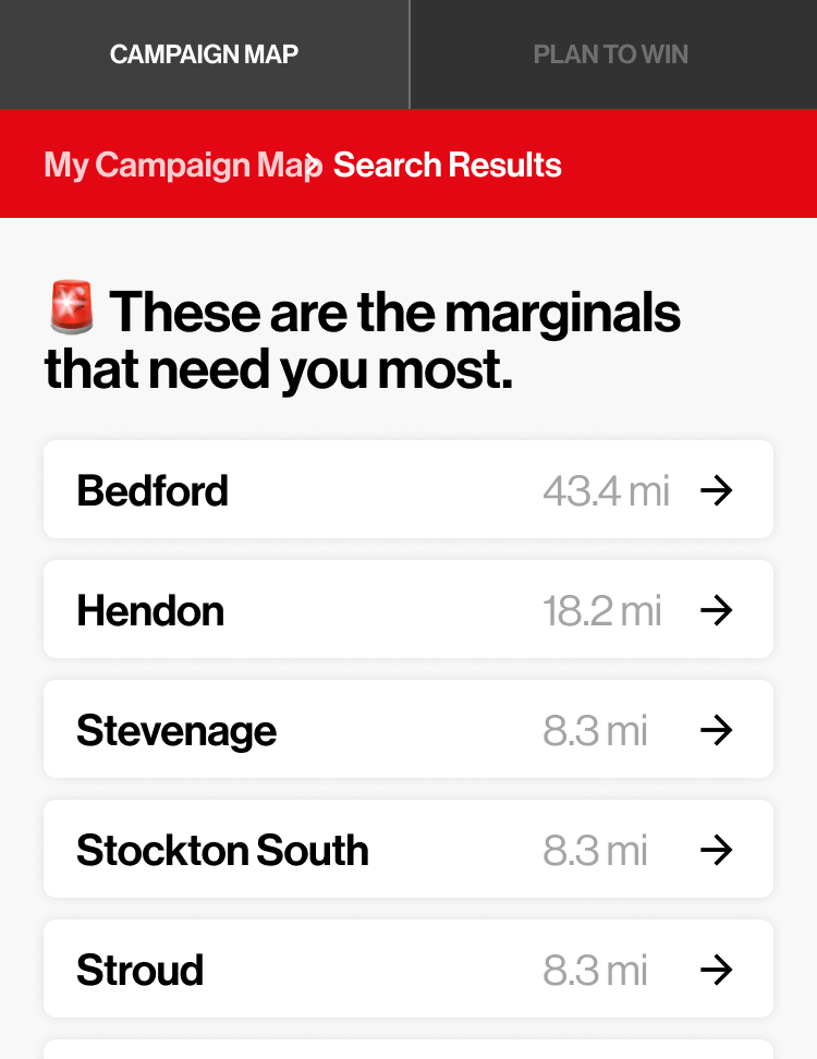 Mobile screenshot of the campaign map tool, showing the closest marginal seats to a user who is interested in canvassing.