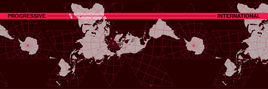 Dymoxian projection of world map in a brown hue, with org name on a red banner overlayed