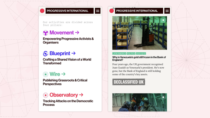 Mobile screenshot of the four pillars of the organisation: Movement, Blueprint, Wire and Observatory. Another mobile screenshot of the Wire pillar, displaying articles about grassroots and critical perspectives