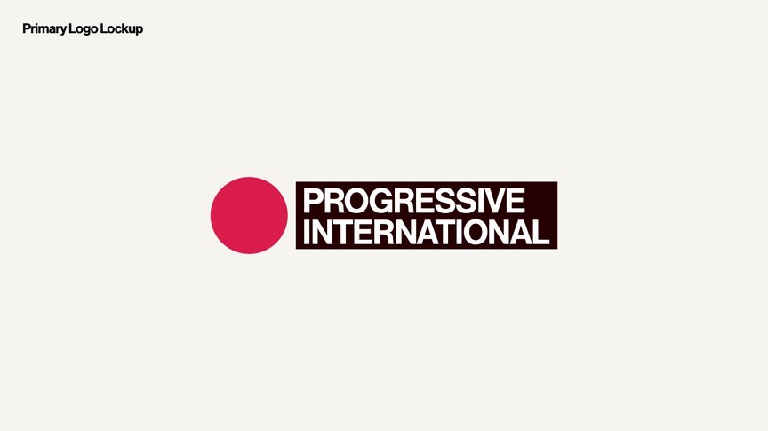 New logo for Progressive International, with a red dot to the right of the name in block capitals.