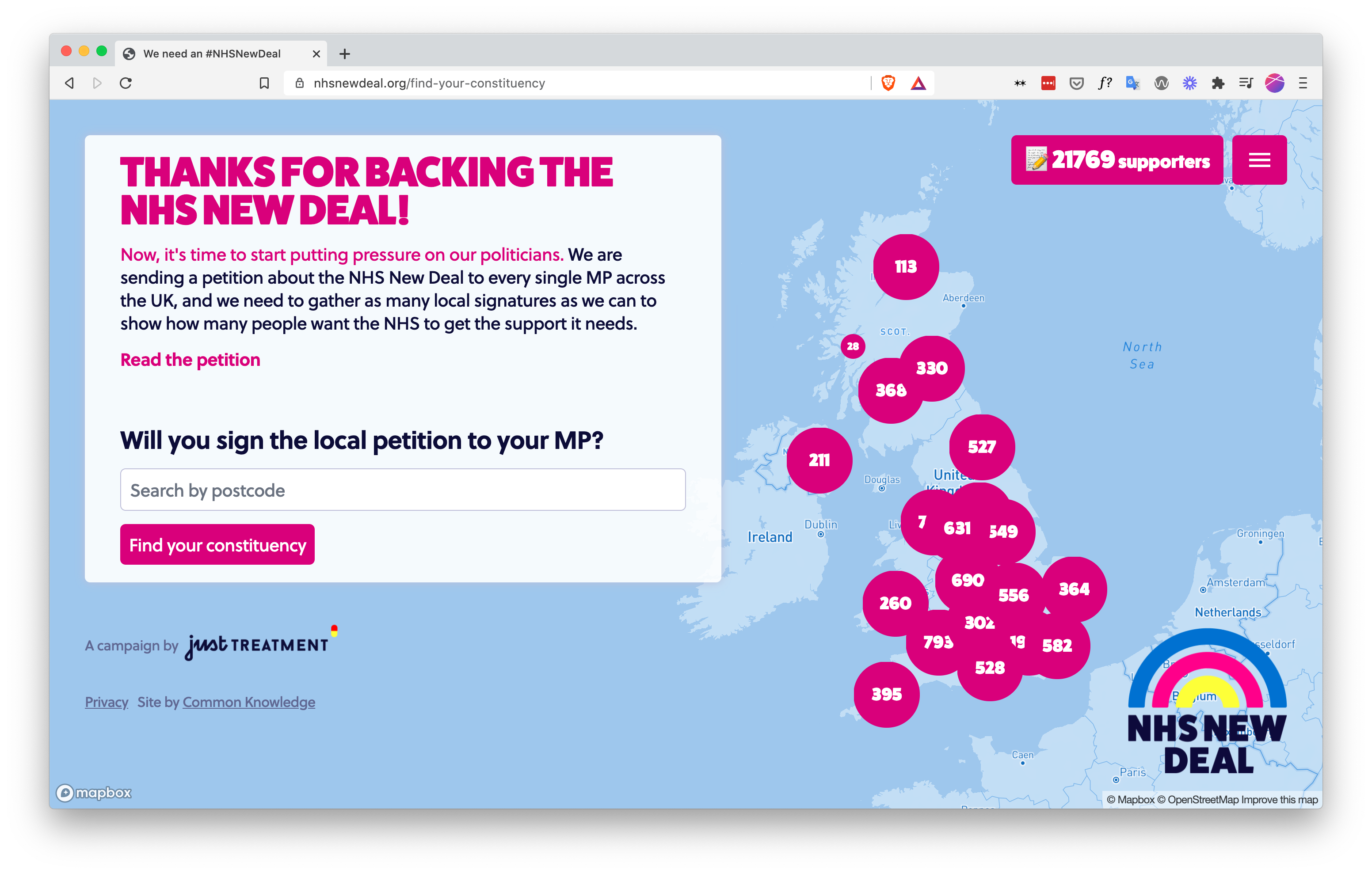 Screenshot of the site, thanking users for signing the petition, and encouraging them to contact their local MP.
