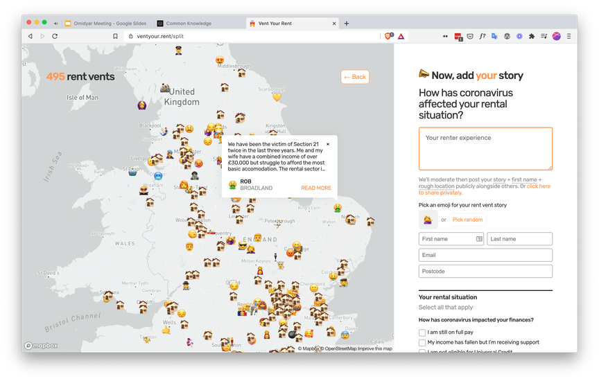 Screenshot of the site, detailing a map with various emoji's used as pins, each pin representing a user's experience of renting during the pandemic.