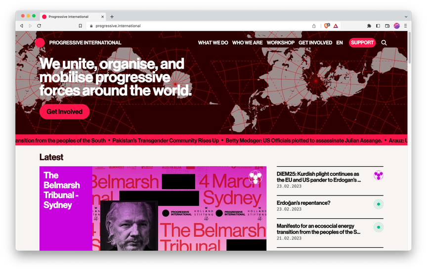 Screenshot of Progressive International homepage showing recent articles and navigation