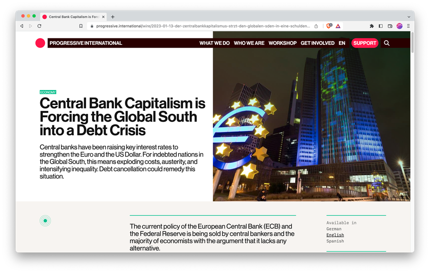 Screenshot of article titled: Central Bank Capitalism is Forcing the Global South into a Debt Crisis