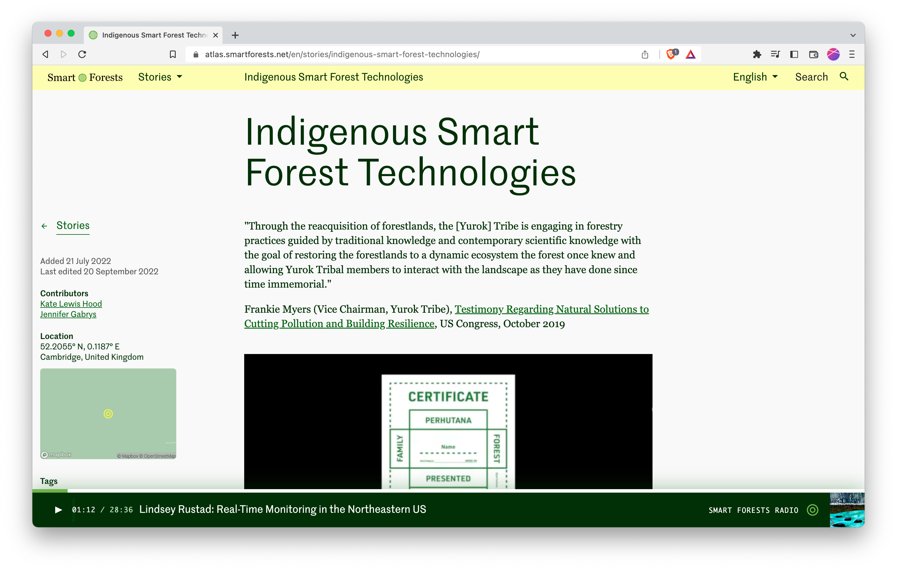 Screenshot of the top of a story page called "Indigenous Smart Forest Technologies"