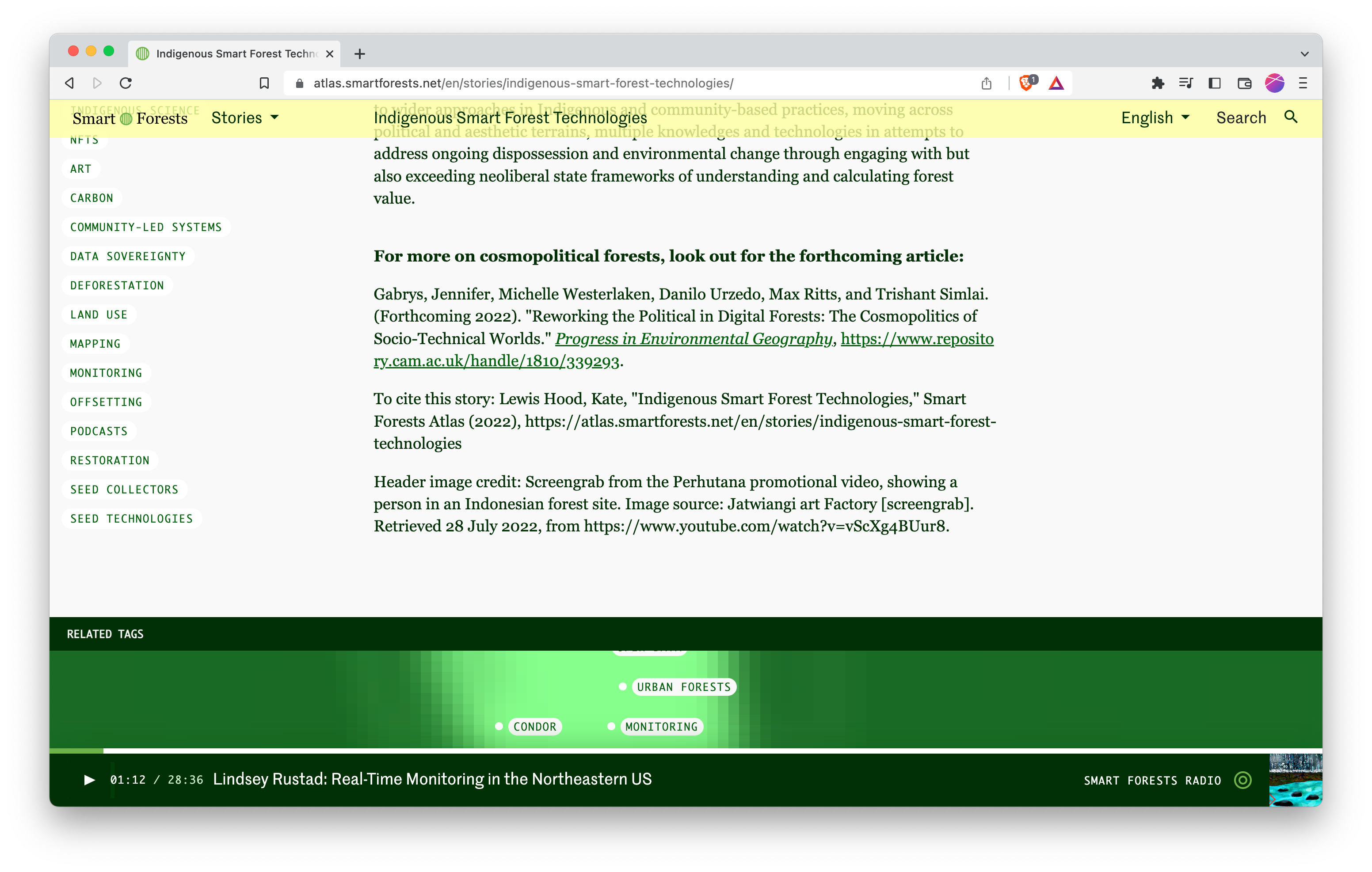 Screenshot of the bottom of a story page called "Indigenous Smart Forest Technologies"