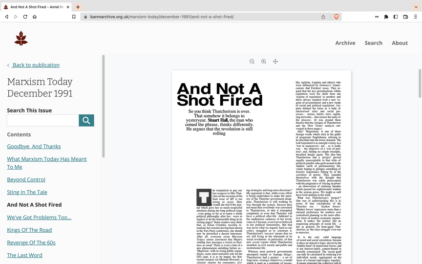 Screenshot of the archive, showing an article named 'And Not A Shot Fired' from Marxism Today.