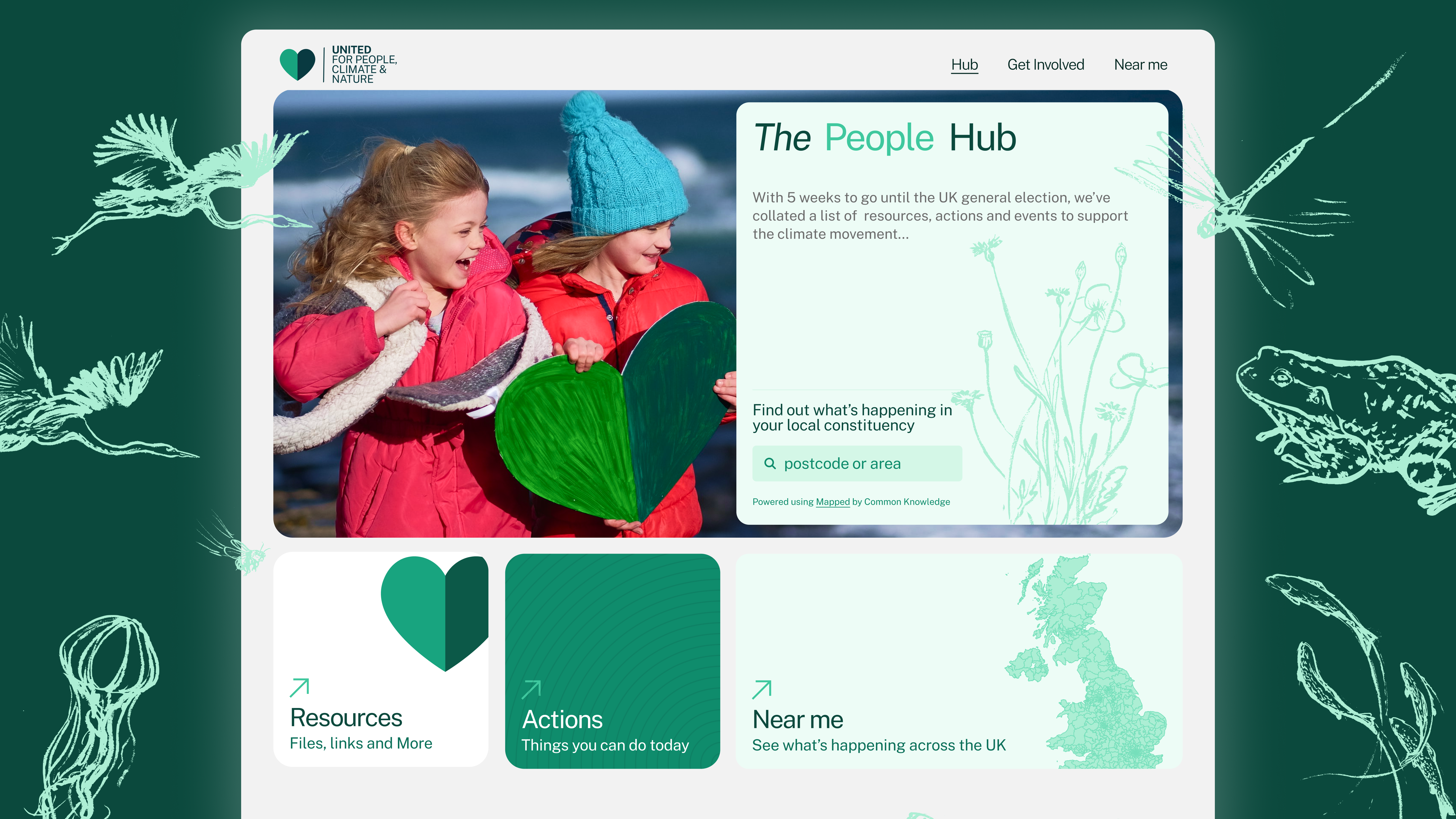 A screenshot of the hub homepage featuring actions, resources and events to mobilise support for climate a