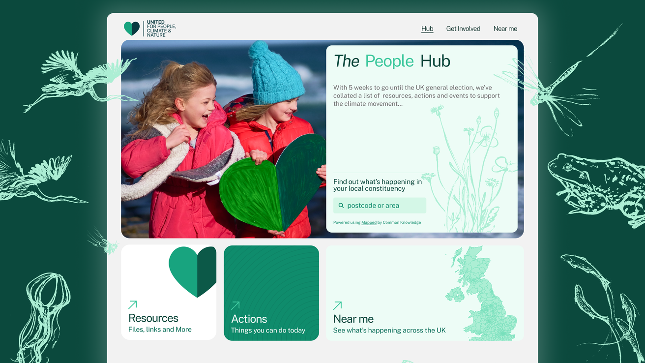 A screenshot of the hub homepage featuring actions, resources and events to mobilise support for climate a