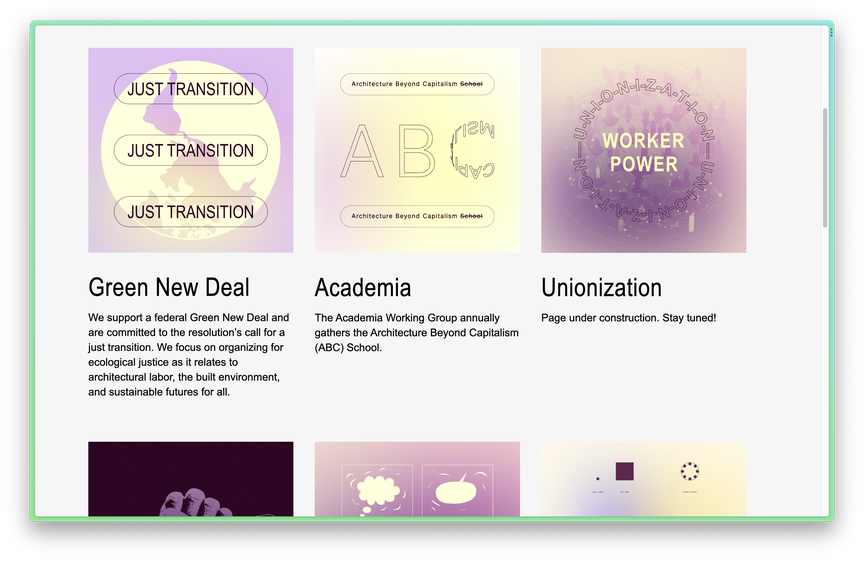 Screenshot of the Working Groups page, with three blocks visible: Green New Deal, Academia and Unionisation