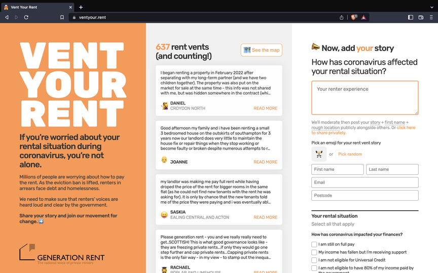 Home page of Vent Your Rent campaign, detailing tenant's experiences