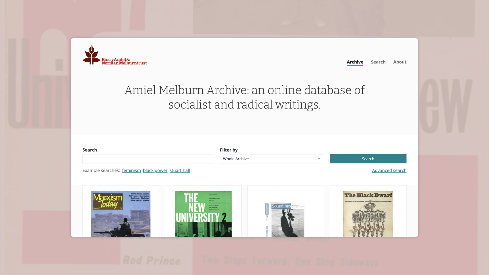 A screenshot of the archive website’s home page