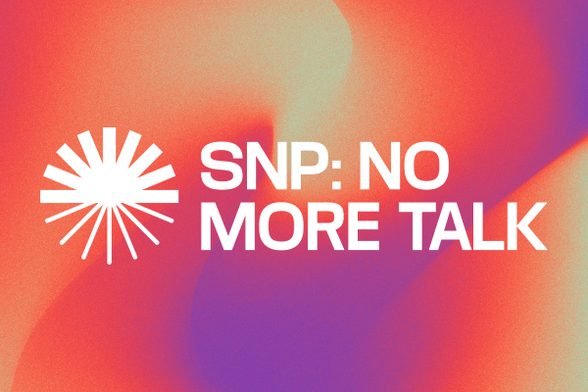 The words SNP: No More Talk, accompanied with the green new deal rising icon, over an orange and purple background.