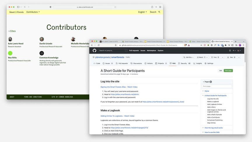 Two screenshots of the Contributors page of the site and the handbook in GitHub.