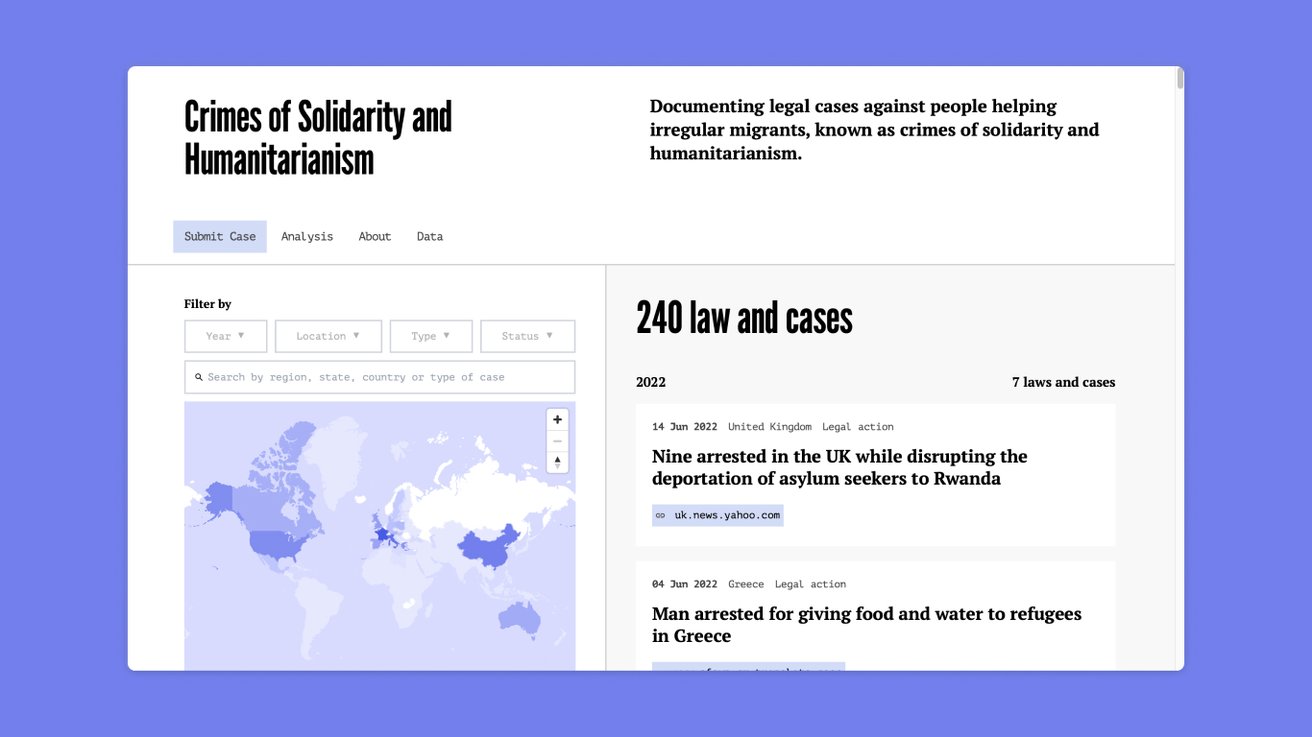 Screenshot of Crimes of Solidarity homepage, detailing legal cases against people helping migrants.
