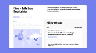 Screenshot of Crimes of Solidarity homepage, detailing legal cases against people helping migrants.