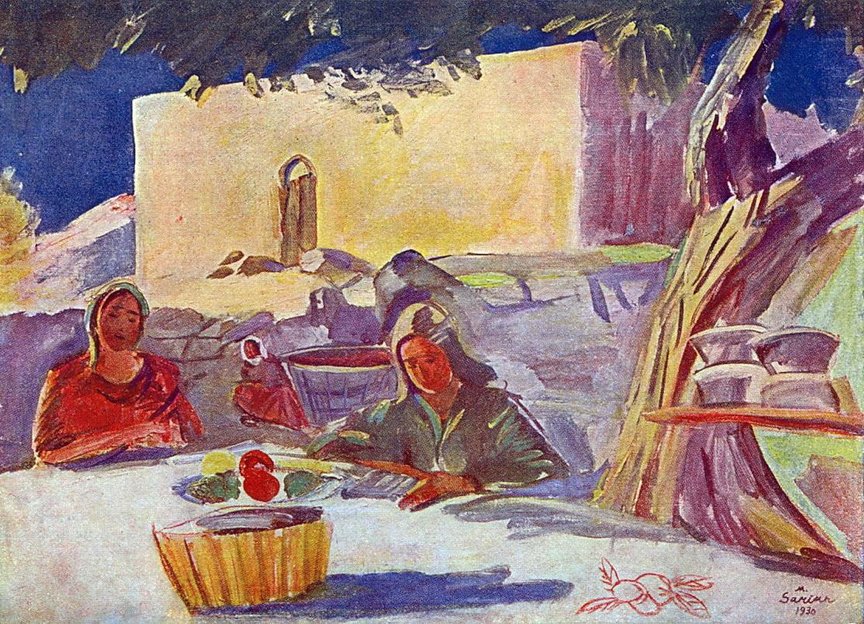 A painting of people enjoying a snack on a round table