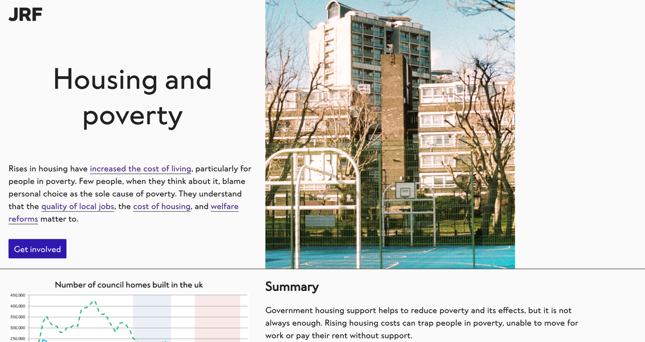 A prototype homepage for the JRF housing campaign, detailing systemic housing issues within society