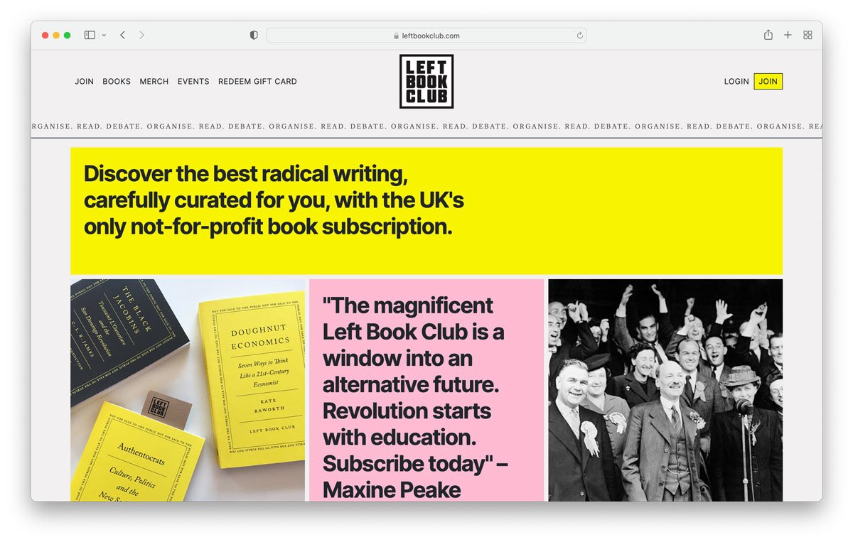 Screenshot of homepage, showing photos of book covers, a photos of authors and a testimonial quote.