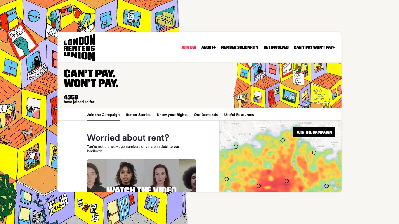 Screenshot of the campaign website, showing a nav bar, heat map, and tagline 'Worried about rent?'