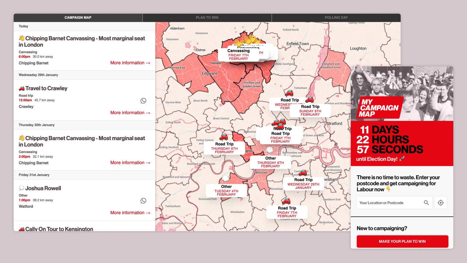 Desktop and mobile screenshots of my campaign map, showing local vote campaigns by constituency