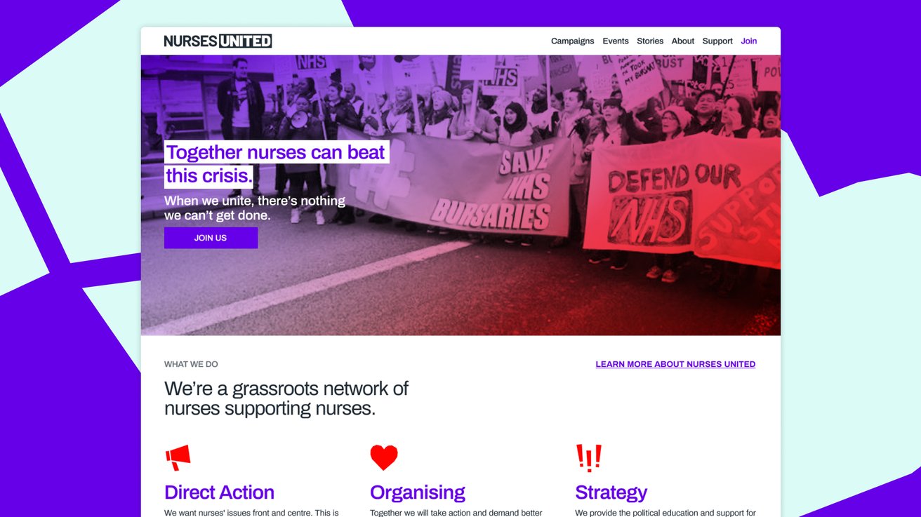 Screenshot of org homepage, with a photo of a protest in support of the NHS, alongside three goals
