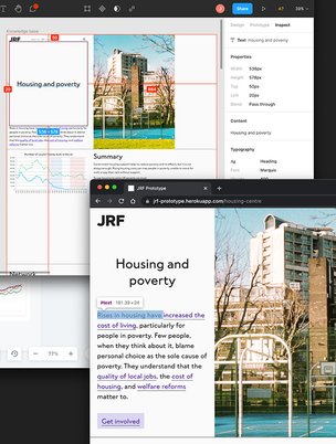 Screenshots of our prototyping work for JRF in Figma and code