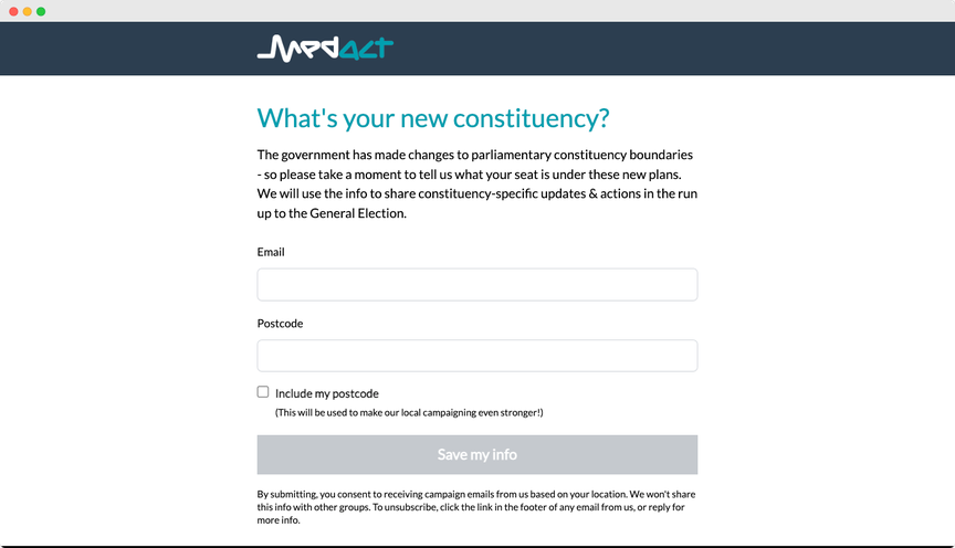 A webpage informing users about new parliamentary constituency boundaries and offering to update them on how these changes might affect their specific votes, with fields to enter an email and postcode for updates.