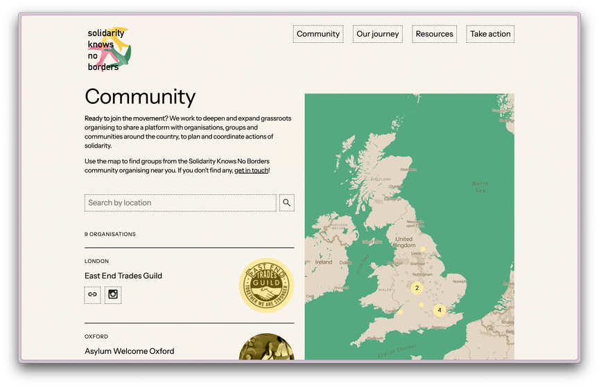 Screenshot of the community page, with a list of organisations on the left and map on the right.