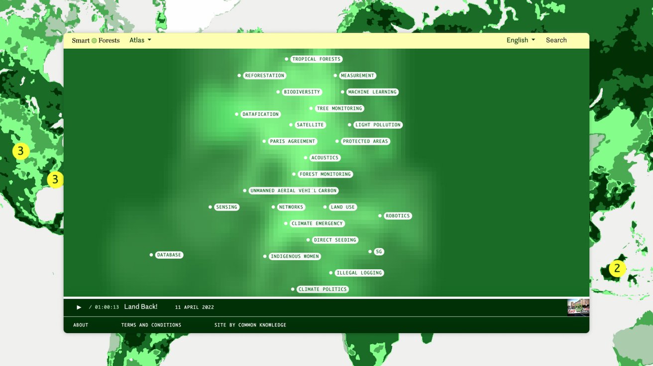 Screenshot of the Smart Forests tag cloud with the map in the background.