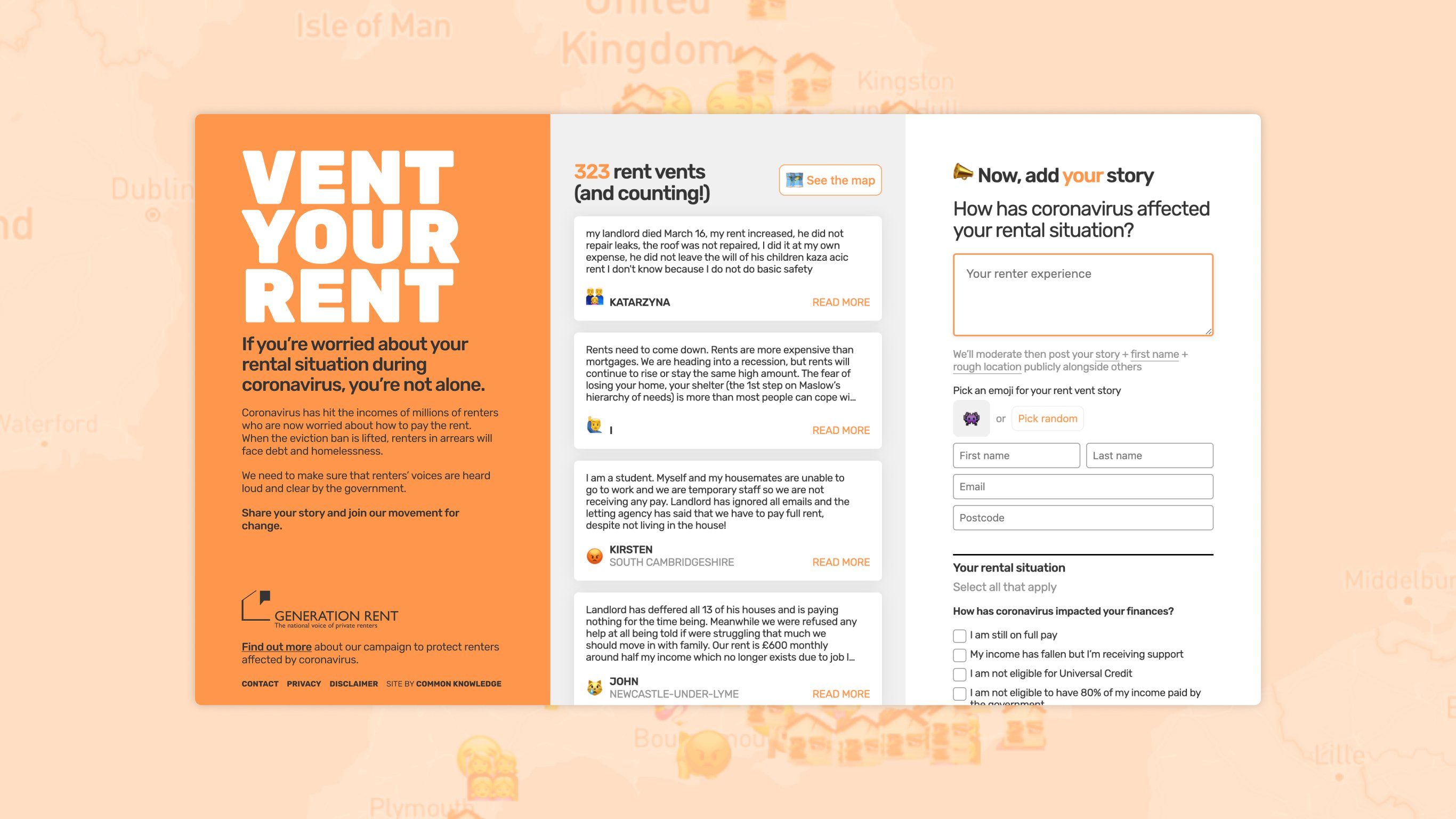 Home page of Vent Your Rent campaign, detailing tenant's experiences during lockdown