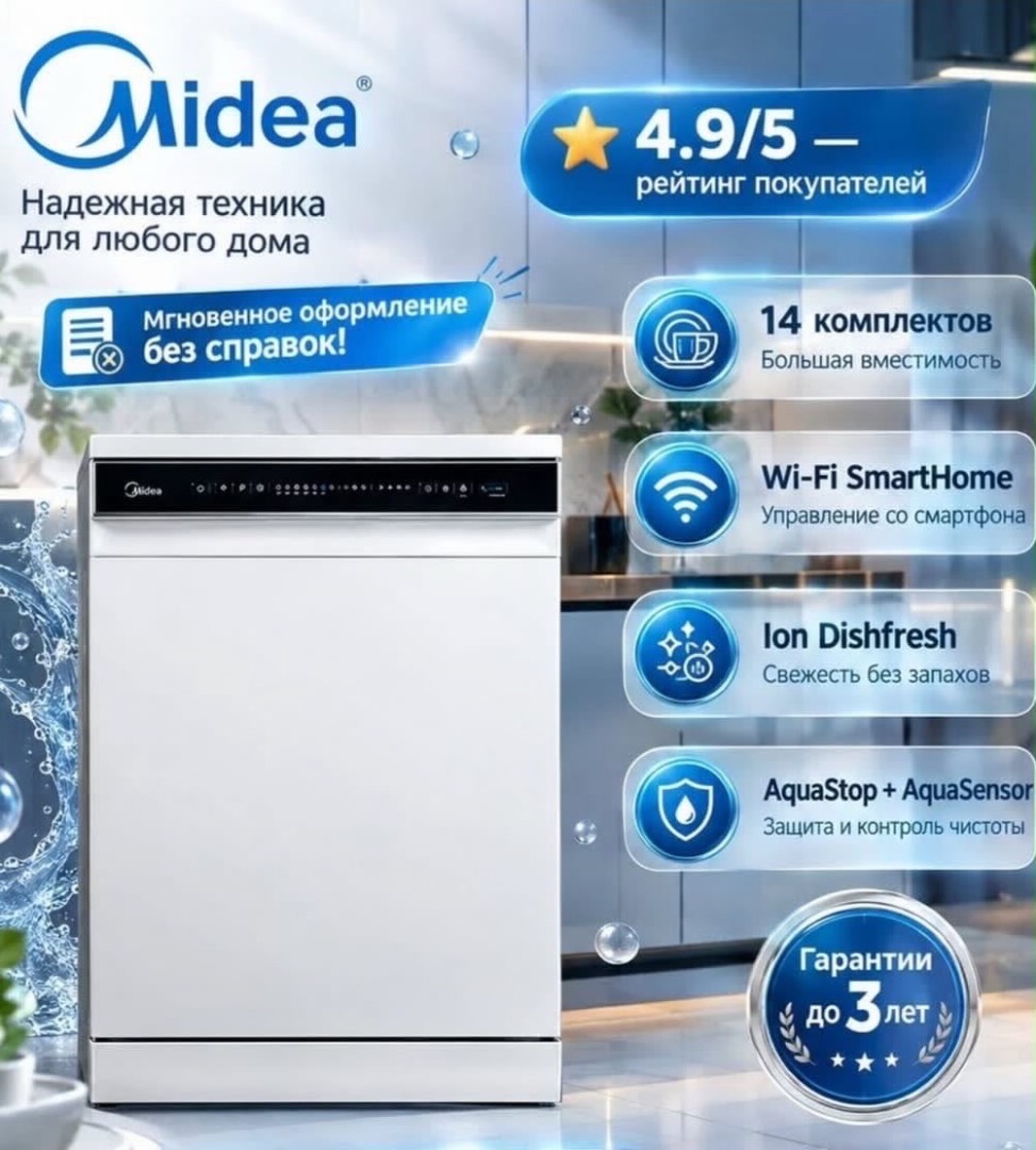 Midea посудомойка Ion Dishfresh 3 года гарантии большая вместимость - изображение 2