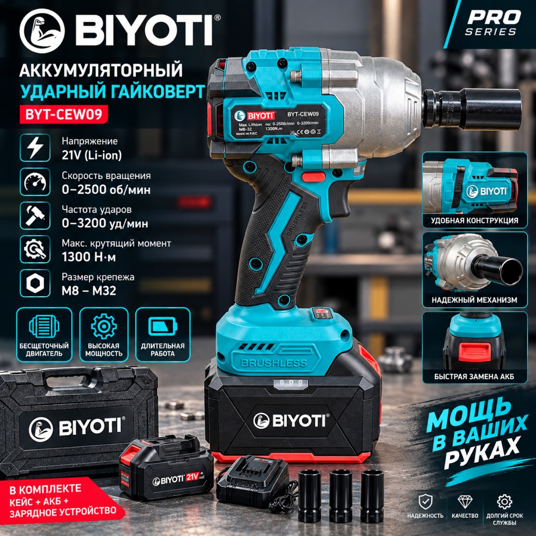 Гайковерт аккумуляторный BIYOTI BYT-CEW09