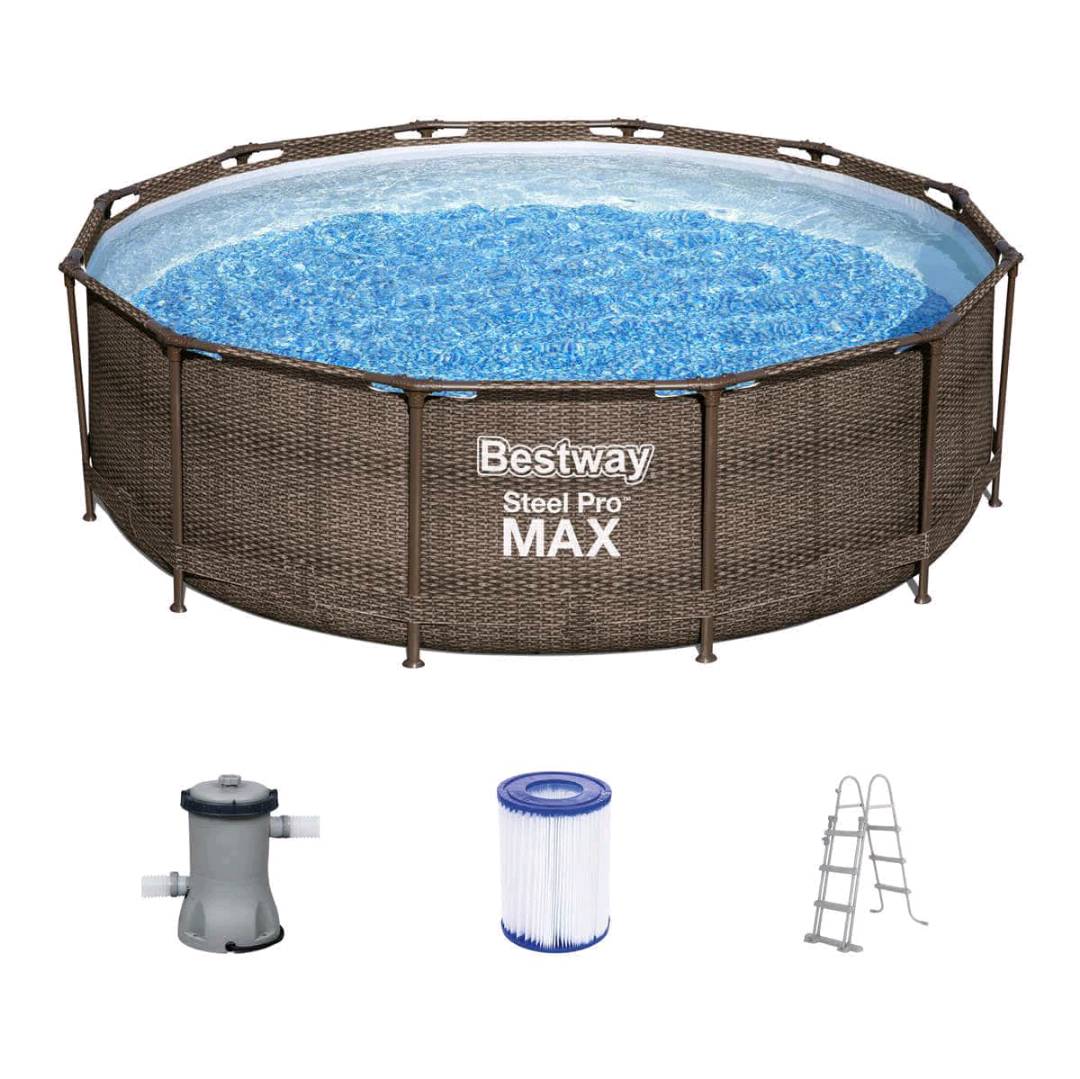 Каркасный бассейн Bestway 56709 (Steel Pro MAX) — это круглая семейная модель с реалистичным принтом под ротанг. Оснащен надежным металлическим каркасом с антикоррозийным покрытием и прочной чашей из трехслойного ПВХ. 3.66 диаметр, высота 1.00 - изображение 2