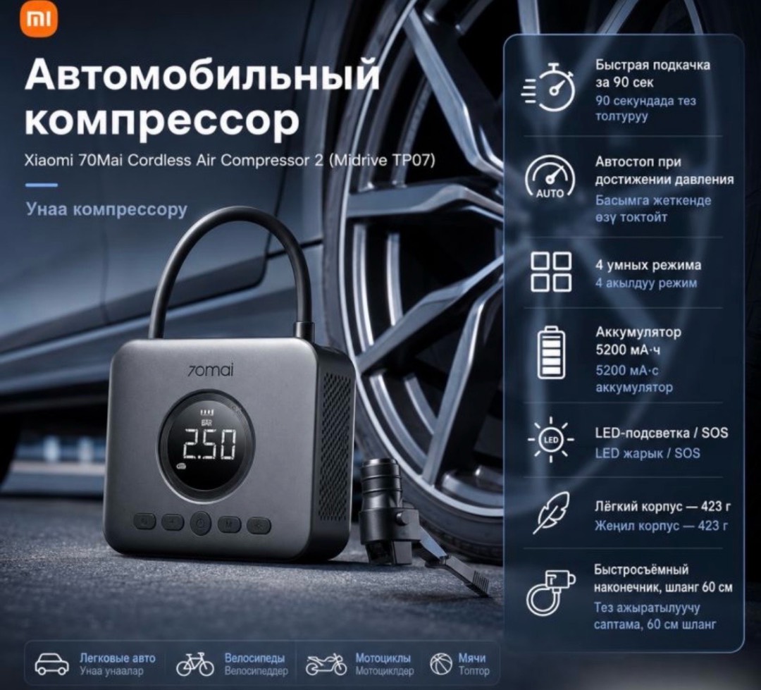 Автомобильный компрессор Xiaomi 70Mai Cordless Air Compressor 2 (Midrive TP07)