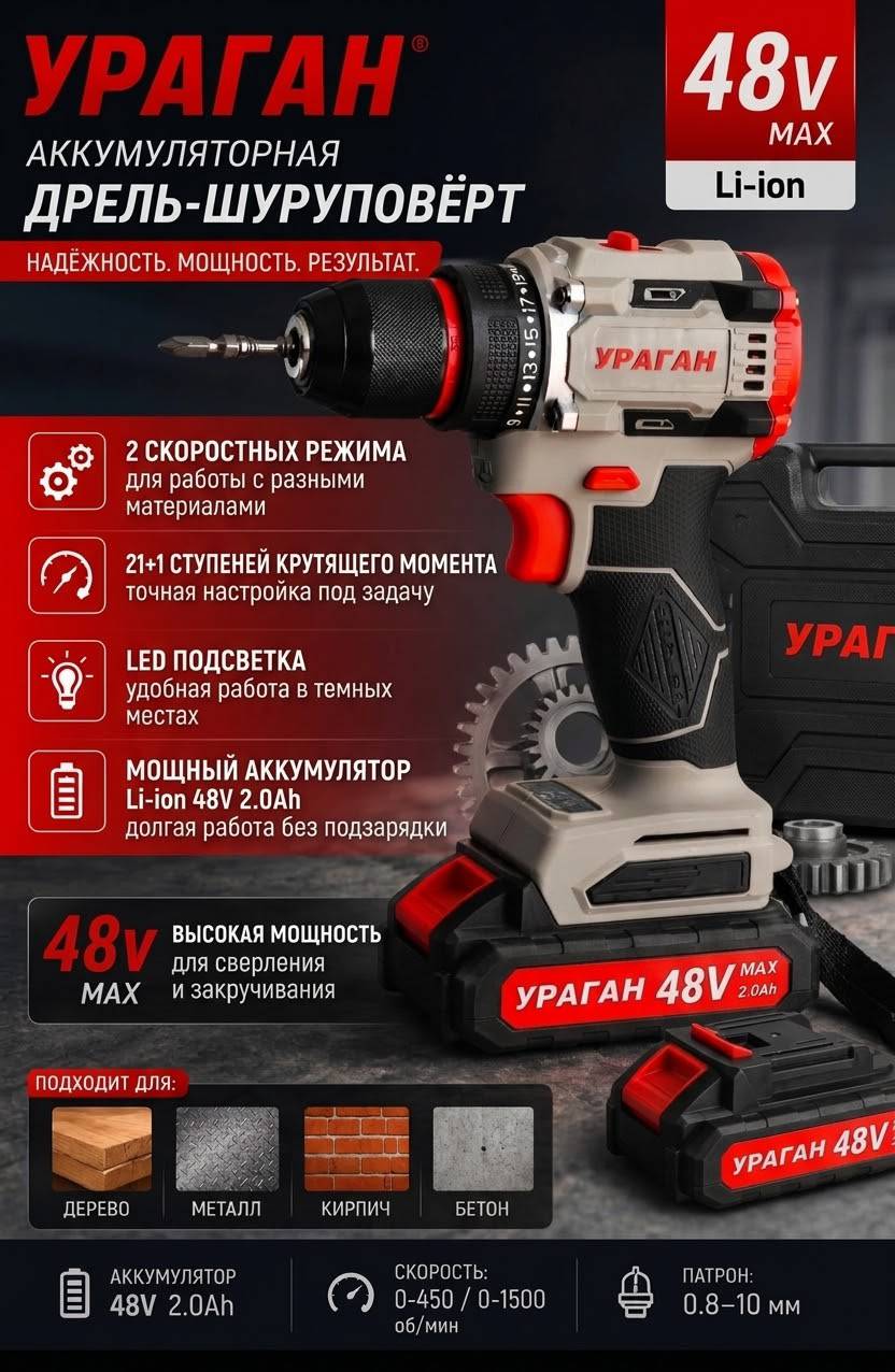 Аккумуляторная дрель-шуруповёрт УРАГАН 48V Premium