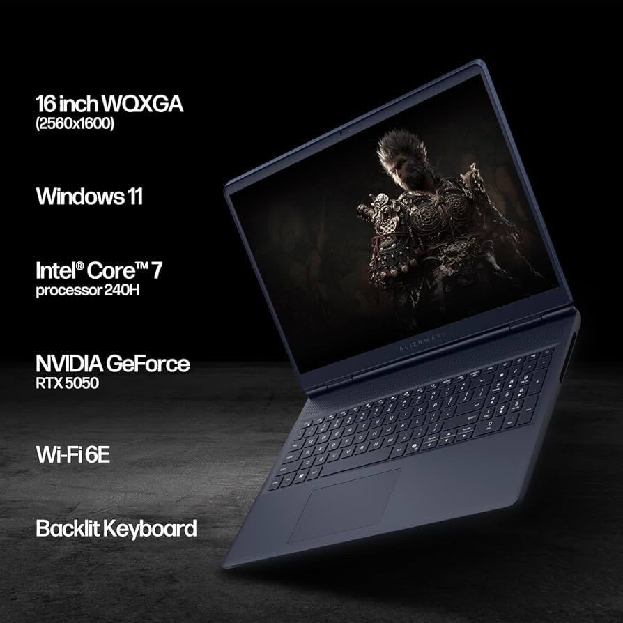 Dell Alienware 16 Aurora AC16250, 16" WQXGA 120Hz Display, Intel Core 7-240H (up to 5.2 GHz), 16GB DDR5 RAM, 1TB SSD, NVIDIA GeForce RTX 5050 8GB Graphics, Windows 11 Home, Onsite Service - Blue - изображение 3