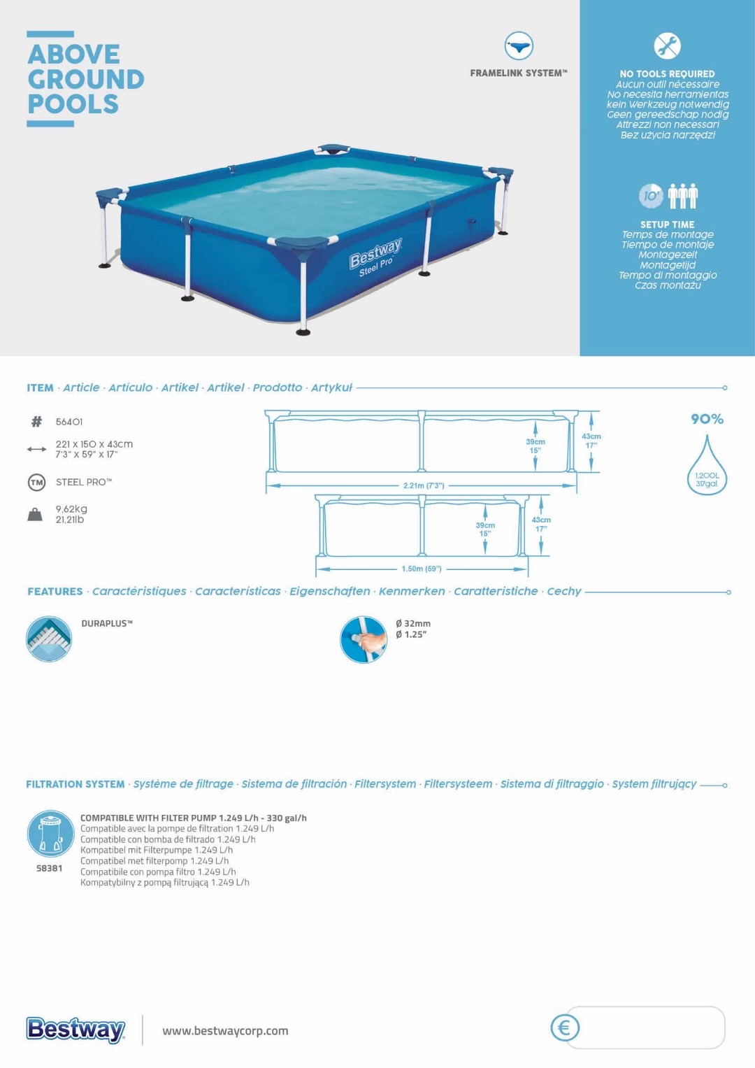 Bestway 56401 BW Каркасный бассейн Steel Pro 221х150х43см, 1200л - изображение 2
