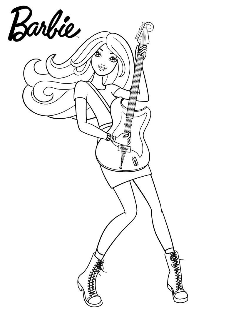 Раскраска Барби с любимой гитарой