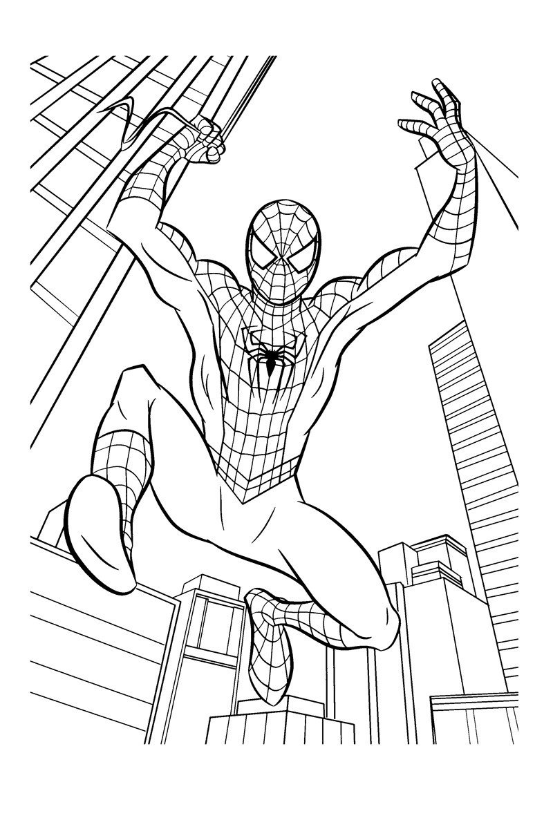 Раскраска Человек паук среди небоскрёбов