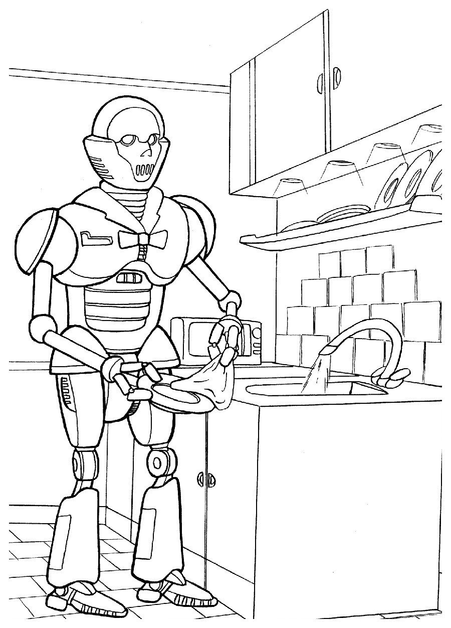 Раскраска Робот моет посуду